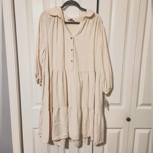 Falls Creek Plus Size 3/4 Sleeve Shirt Dress, Cream Linen, Size 2x